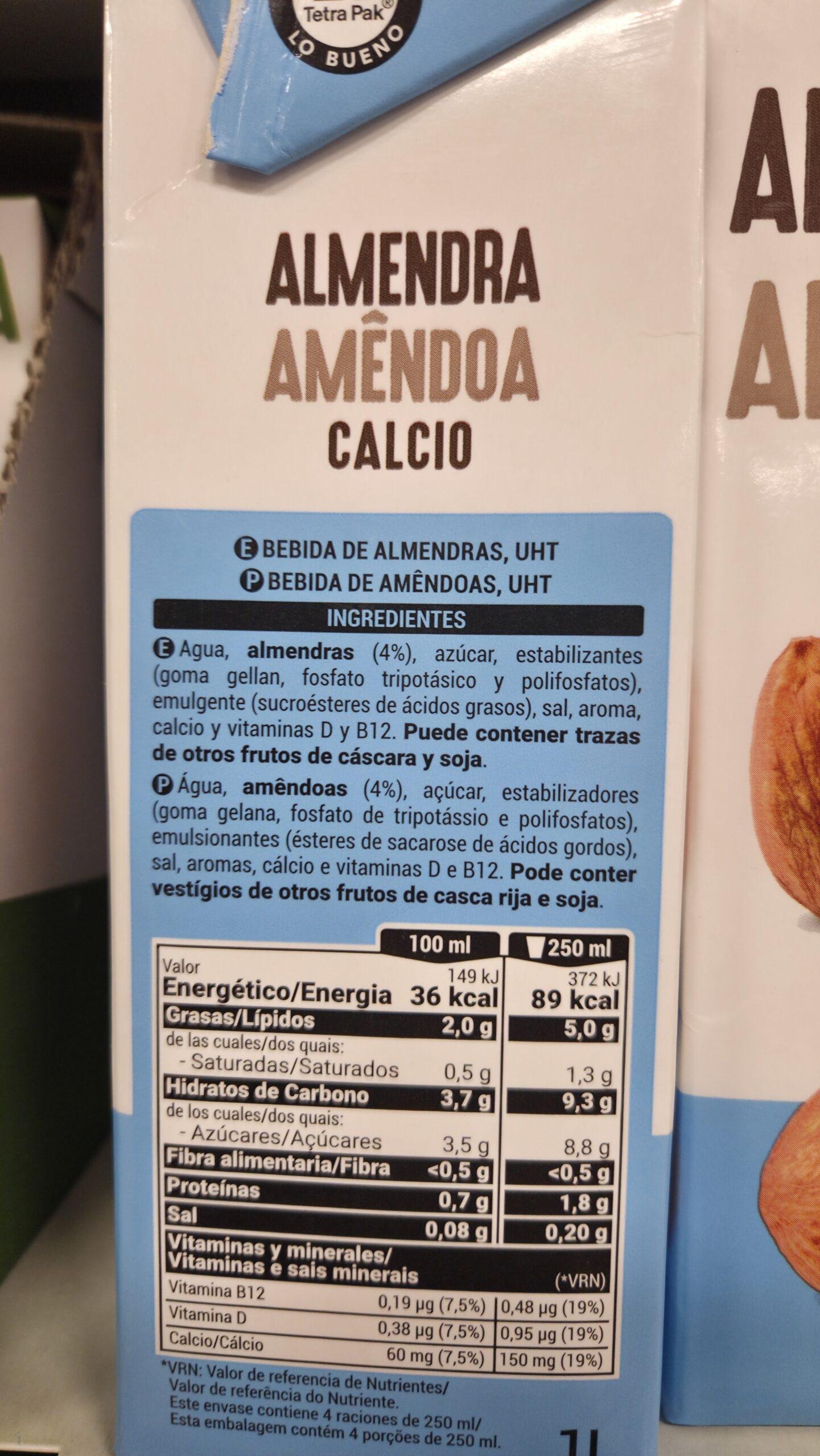 Ingredientes leche almendra con calcio Mercadona