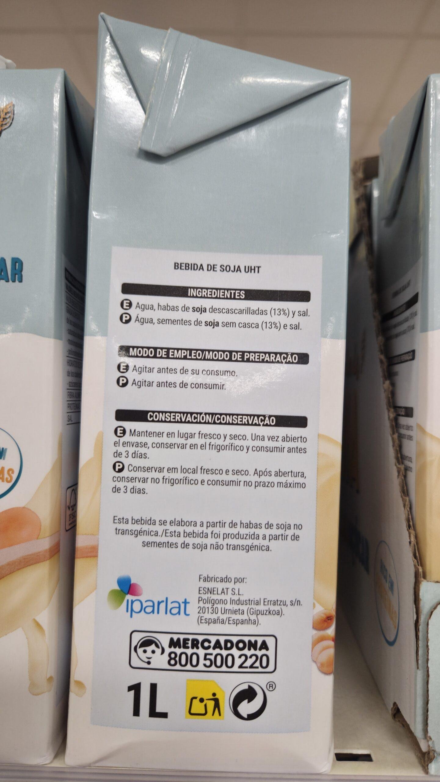 Ingredientes leche de soja sin azúcar Mercadona