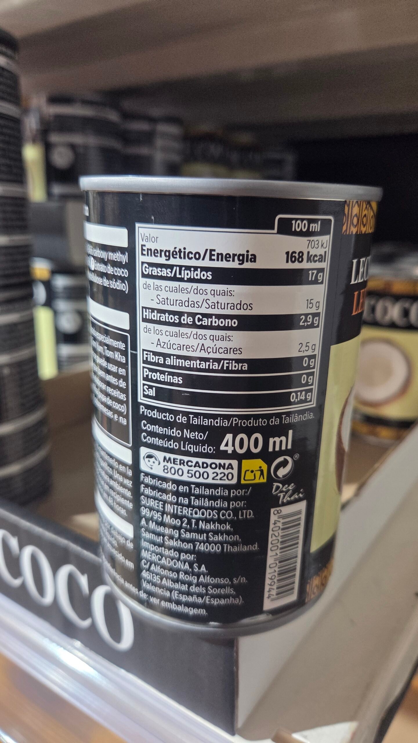 Tabla de valores nutricionales de la leche de coco Dee Thai Mercadona por 100ml